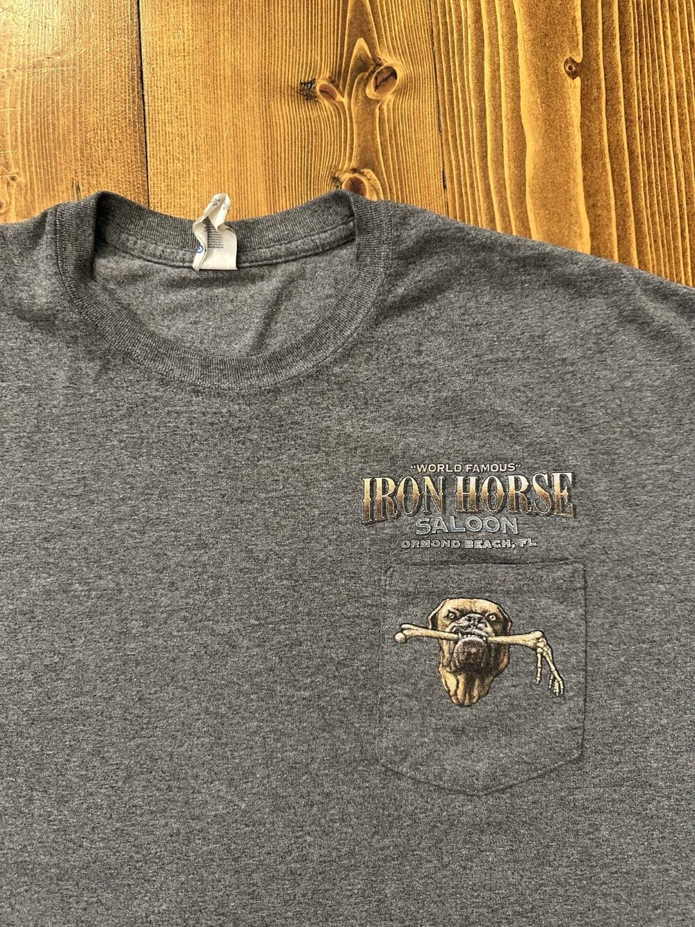 Vintage World Famous Iron Horse Biker Saloon Pocket Tee T-Shirt Beach Florida